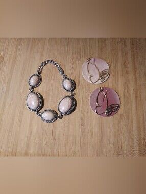 Silver-Tone Bracelet with Cream Stone Accents & Pink Butterfly Drop Earrings